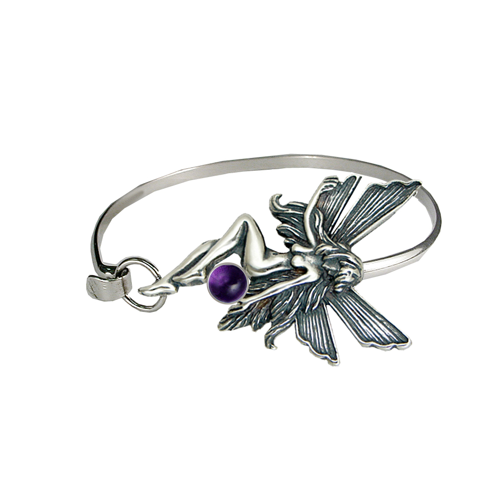 Sterling Silver Fairy Strap Latch Spring Hook Bangle Bracelet With Amethyst